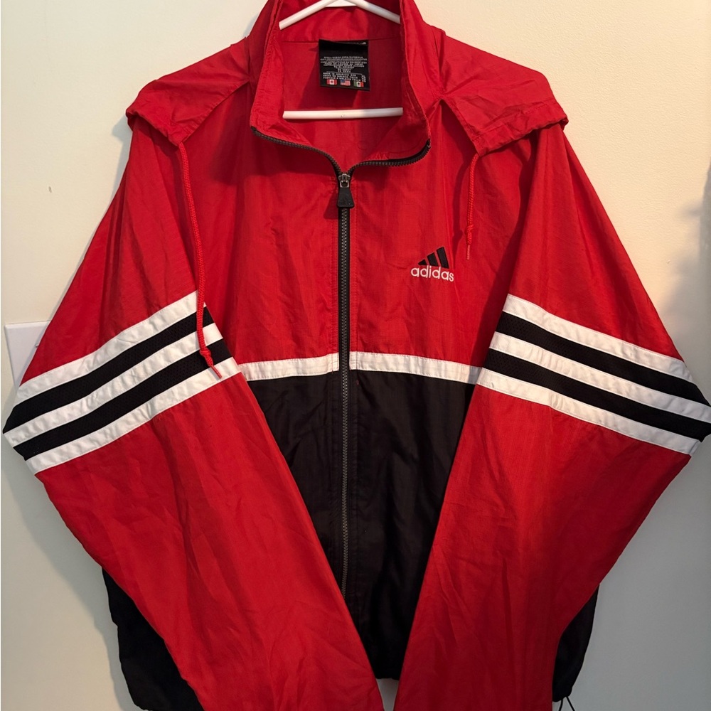 Adidas Red and Black Windbreaker with Signature Stripes